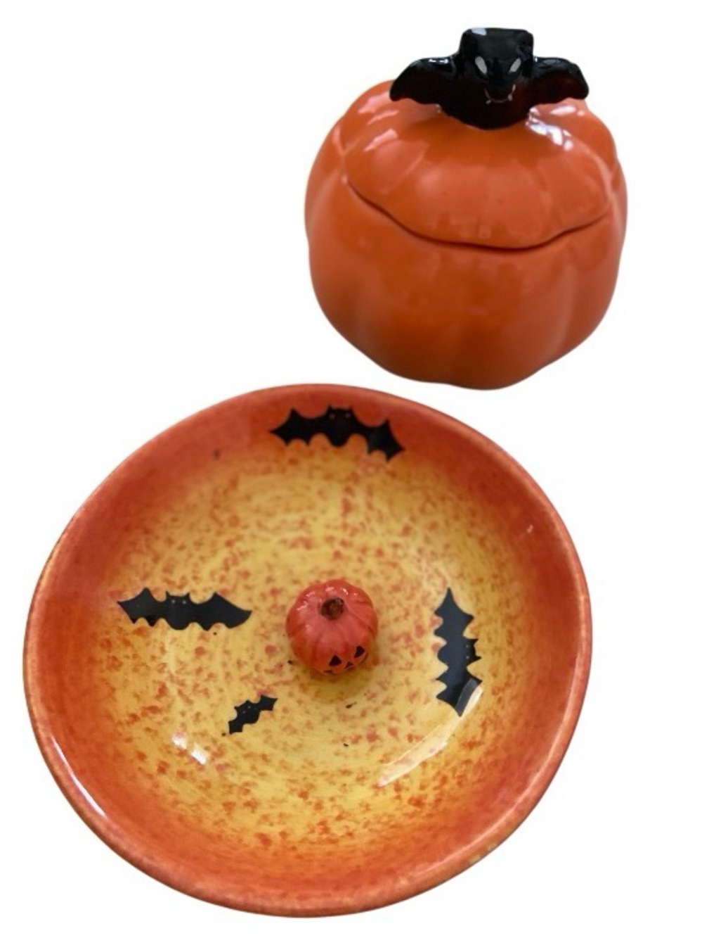 Target Orange Pumpkin Candy Dish and Covered Jar with Black Bat Accents